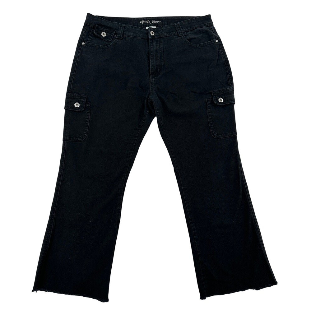 Apollo Jeans Black Cargo Pants Women 17/18 Frayed Hem Embroidered Y2K Streetwear